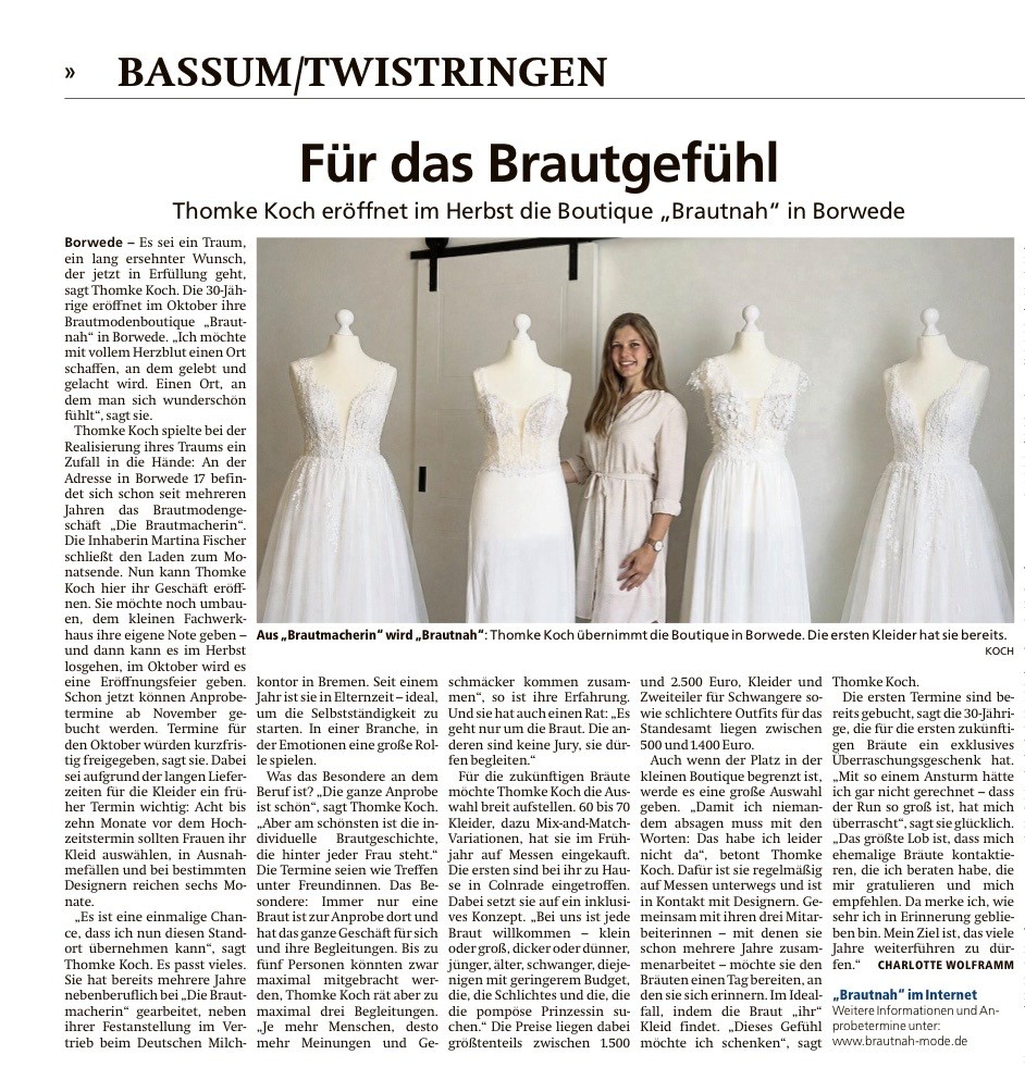 Zeitungsartikel „Für das Brautgefühl“ über Thomke Koch und die Eröffnung der Brautmodenboutique Brautnah in Borwede